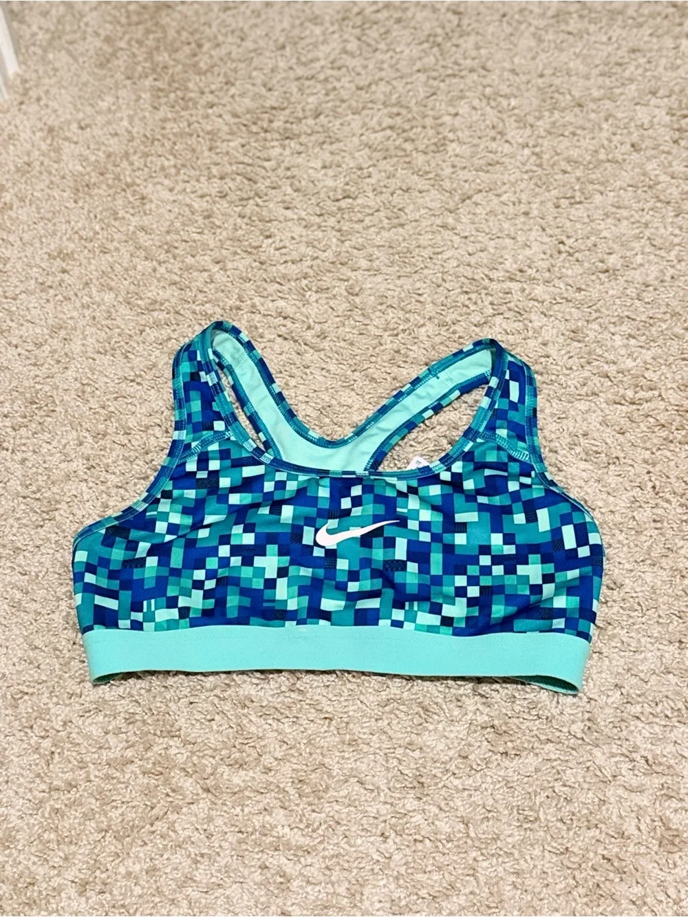 Nike Women's Teal and Navy Pixel-Print Sports Bra